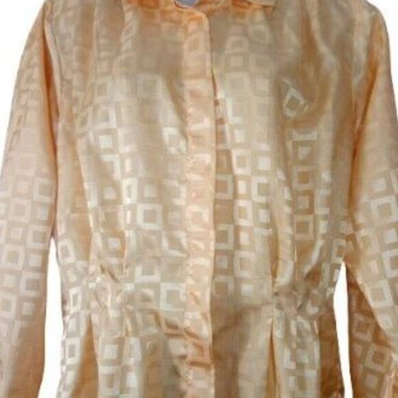 Vintage Joan Harper Womens Blouse Yellow Geometric Button Front Satin Pleated 12 - Picture 2 of 3